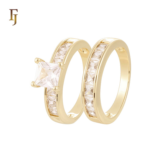 Squared Cluster Baguette White CZs 14K Gold, Rose Gold Wedding Set Rings