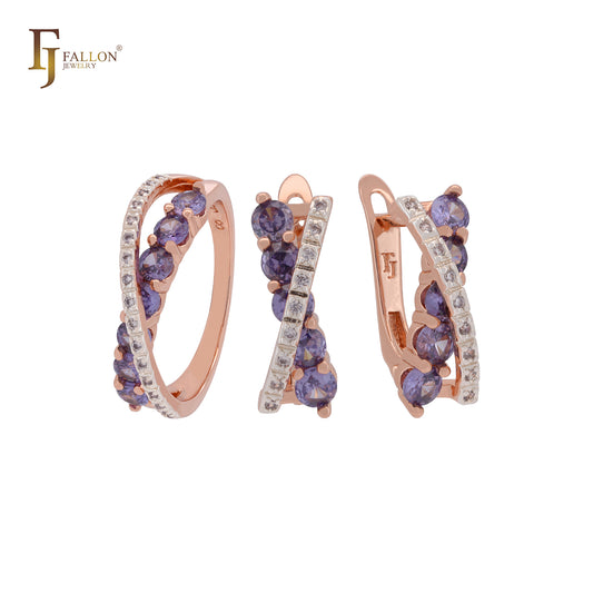 Conjunto de joyas de oro rosa de dos tonos con anillos y bandas cruzadas de circonitas blancas y moradas pavimentadas.