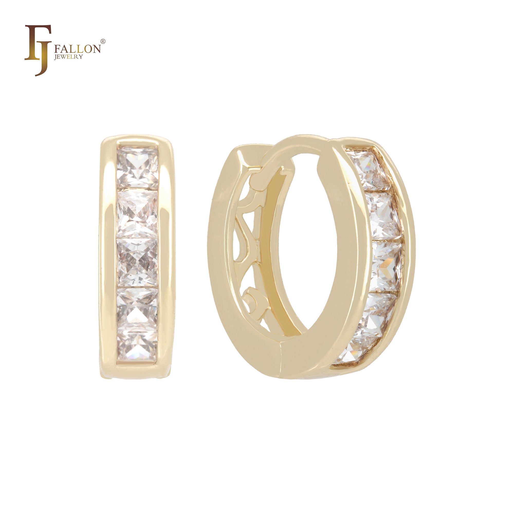 Cluster white Czs Baguette 14K Gold Huggie Earrings