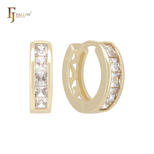 Cluster white Czs Baguette 14K Gold Huggie Earrings