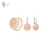 Conjunto de joyas con círculos de filigrana de flores en oro rosa y anillos