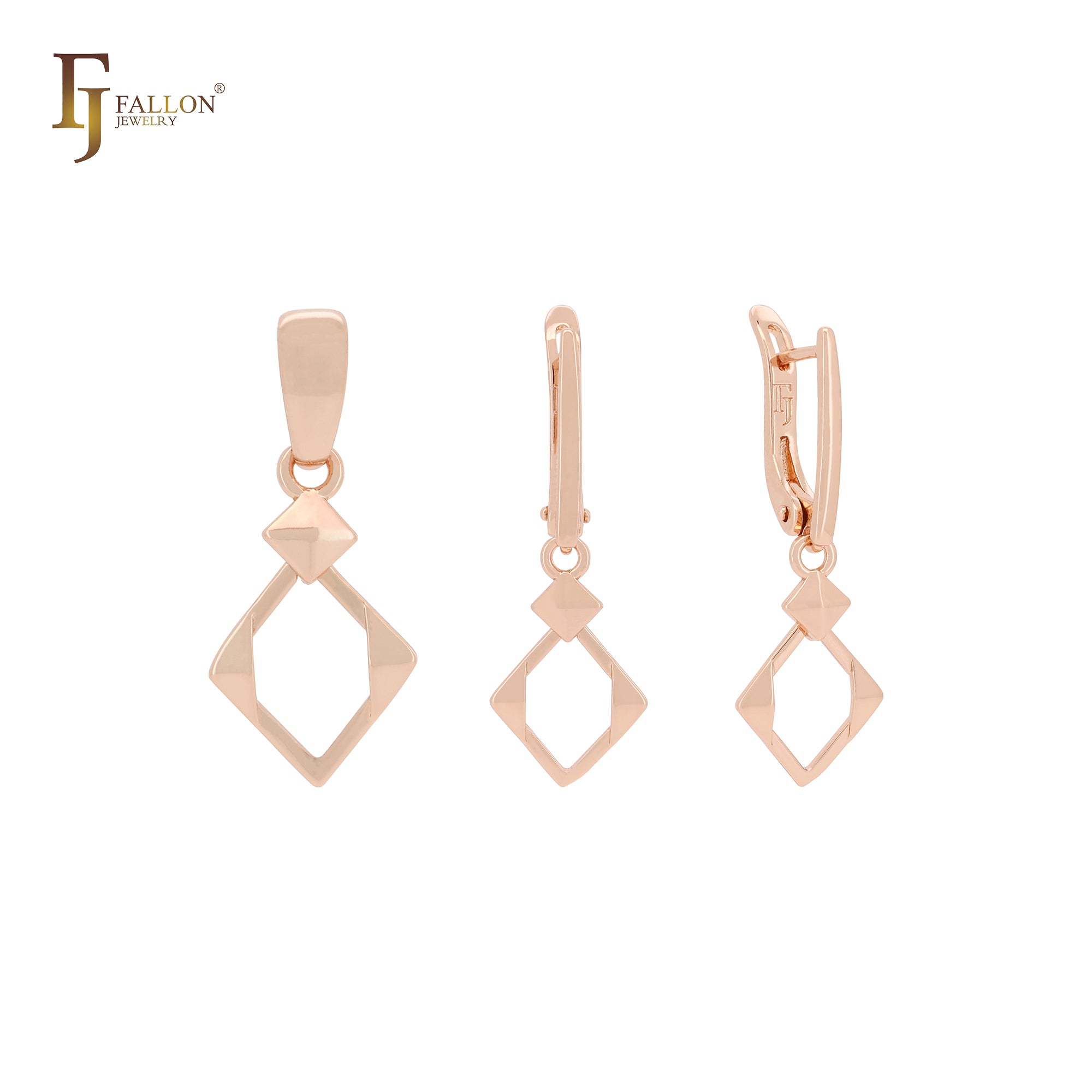 Conjunto de joyas de oro rosa 585 con colgante de rombo bajo rombo