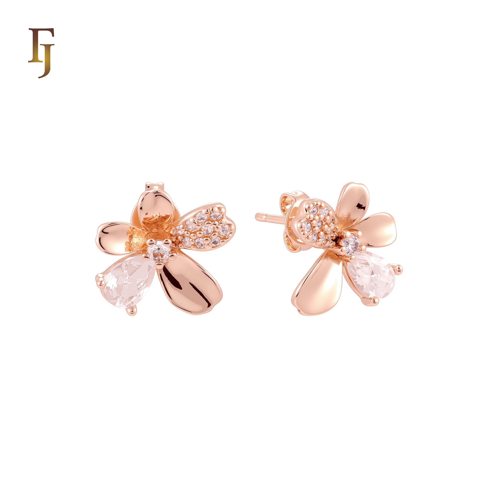 Flower blooming of petals of white CZs 14K Gold, Rose Gold Stud Earrings