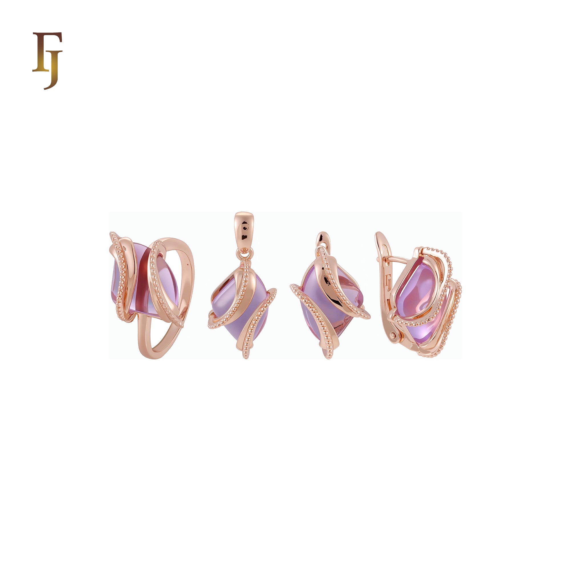 Double Ribbons clawed elegant Solitaire Colorful CZ Rose Gold Jewelry Set with Rings and Pendant