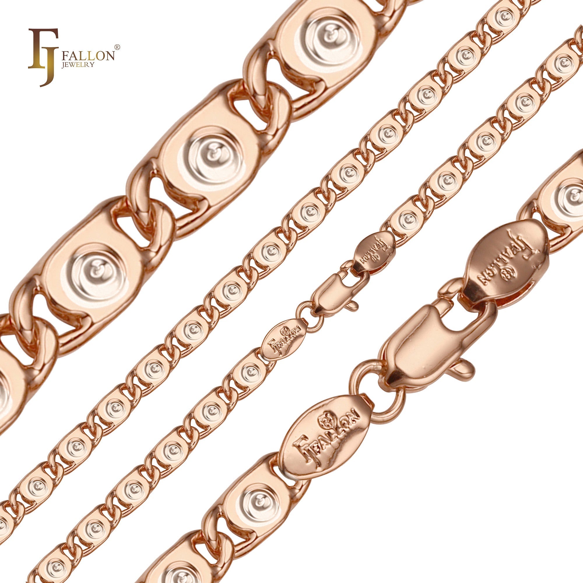 Snail eddy vortex link chains plated in 14K Gold, Rose Gold, two tone
