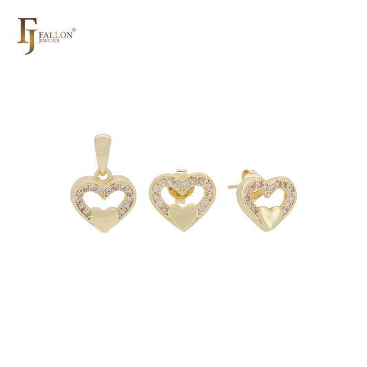 Conjunto de joyas pequeñas de oro de 14 quilates con halo de corazón en corazón y circonitas blancas con colgante