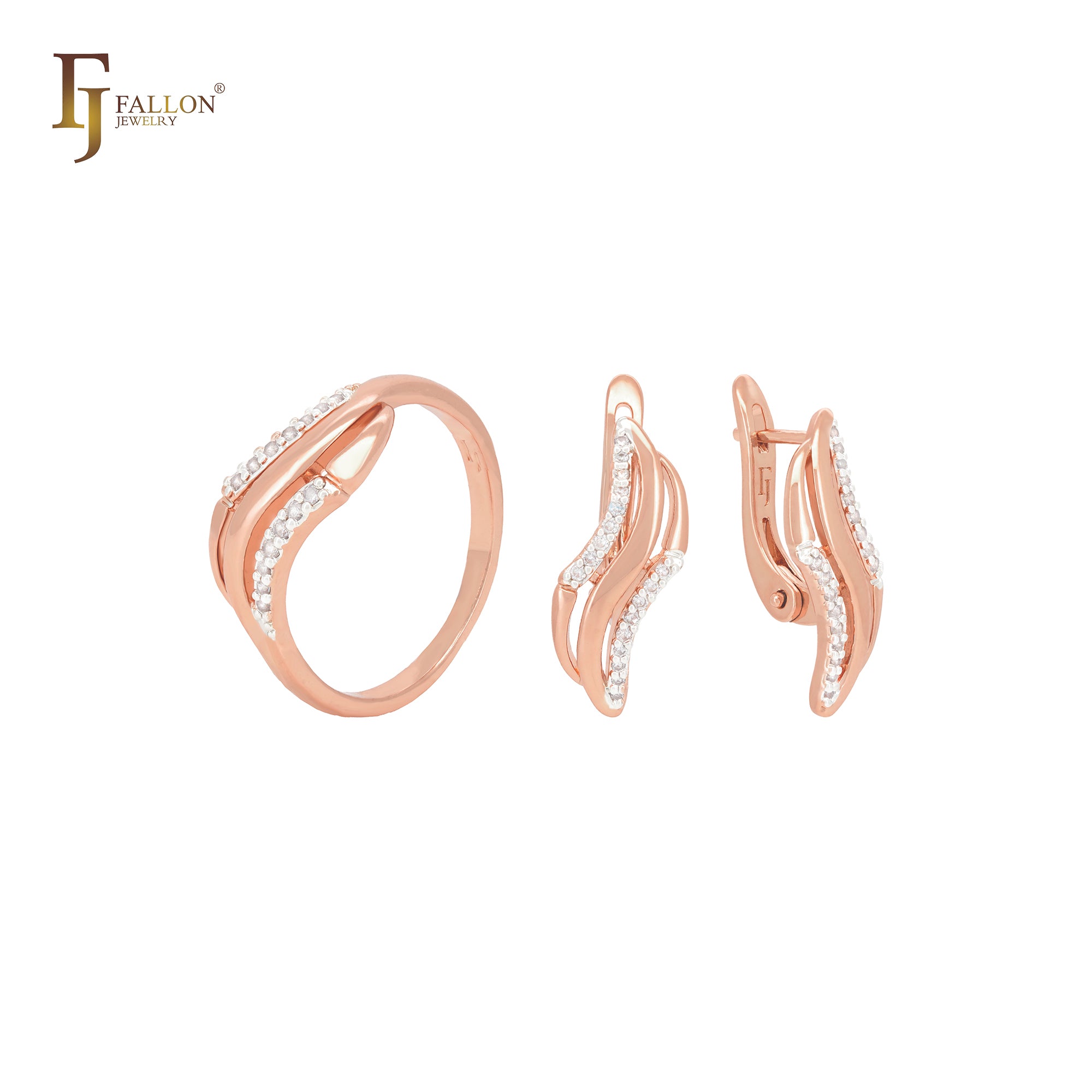 Conjunto de joyas de oro rosa de dos tonos con anillos y triple enlace trenzado con circonitas blancas
