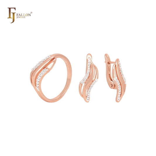 Conjunto de joyas de oro rosa de dos tonos con anillos y triple enlace trenzado con circonitas blancas