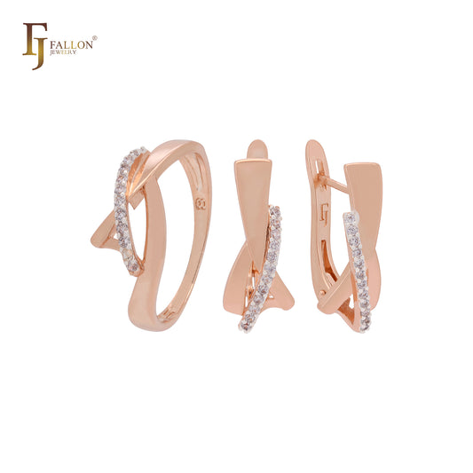 Conjunto de joyas de dos tonos de oro rosa con anillos y cinta retorcida de circonitas blancas