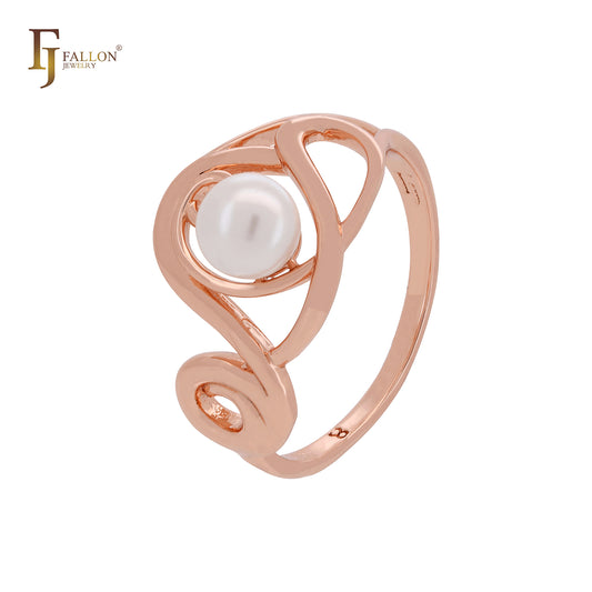 Anéis da moda em ouro rosa com pérolas e fios curvos entrelaçados