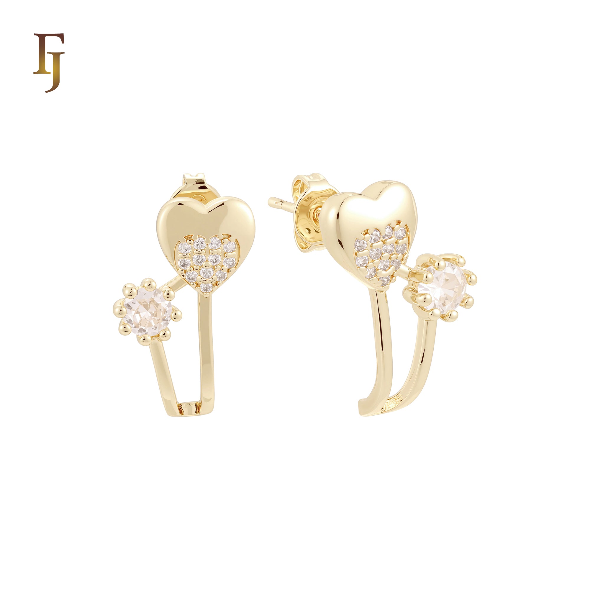 Heart and solitaire white CZs 14K Gold, Rose Gold Stud Earrings