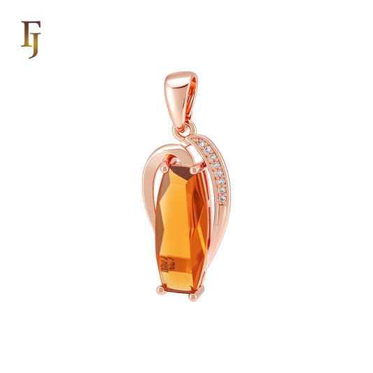 Oblong Orange Amber Solitaire Rose Gold Pendant