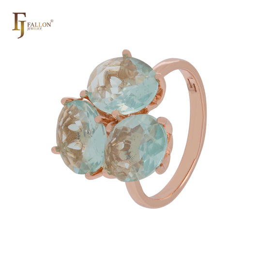 Anillos de moda en oro rosa con triple gran racimo de circonitas verde manzana