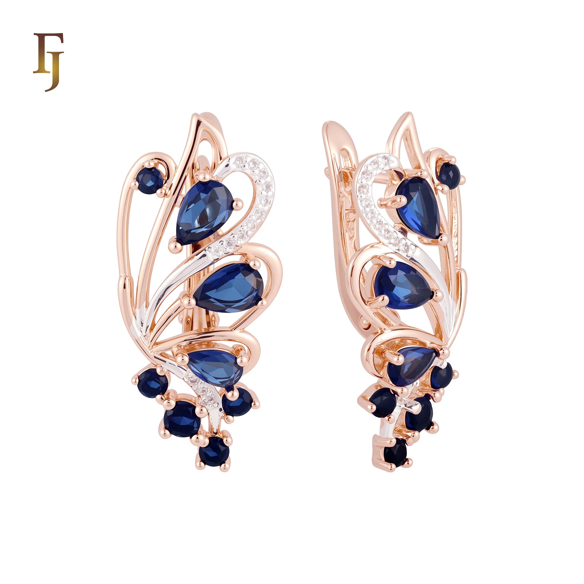 Luxurious Tip of the wing of peacock cluster deep blue Rose Gold two tone Russian Lock Earrings