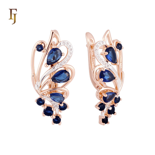 Luxurious Tip of the wing of peacock cluster deep blue Rose Gold two tone Russian Lock Earrings