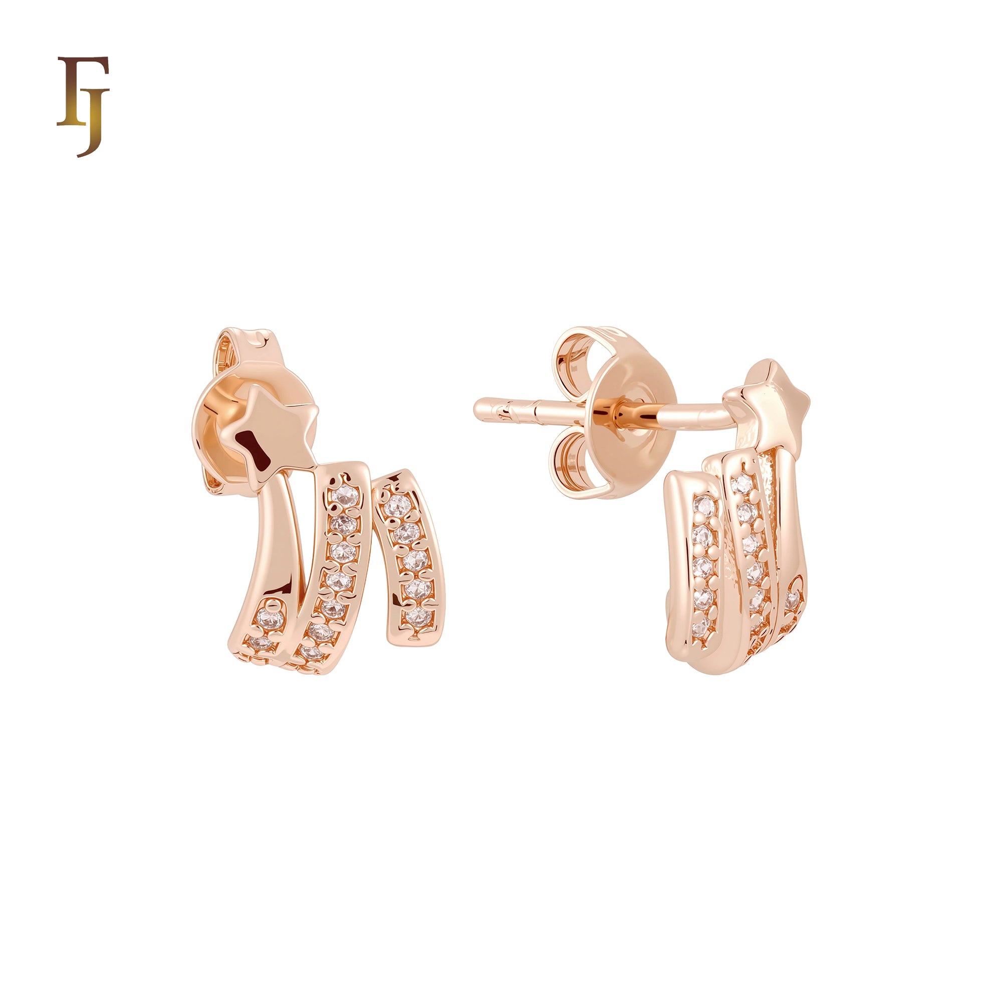 Star of rows of white CZs 14K Gold Stud Earrings