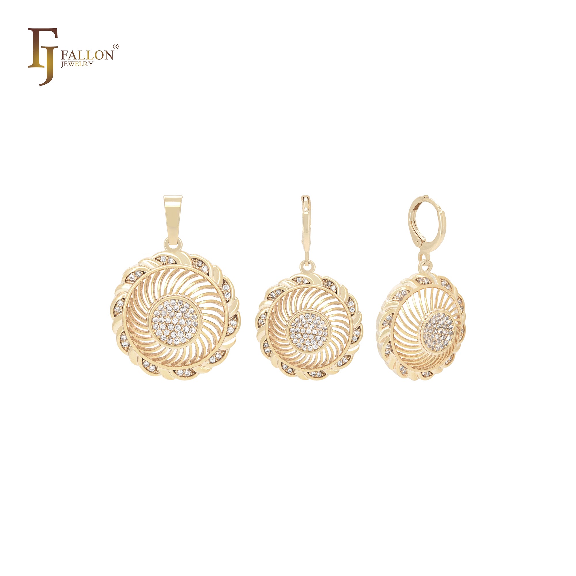 Conjunto de joyas con colgante y símbolo solar giratorio de ruedas, circonitas blancas, oro de 14 quilates