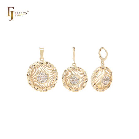 Conjunto de joyas con colgante y símbolo solar giratorio de ruedas, circonitas blancas, oro de 14 quilates