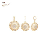 Conjunto de joyas con colgante y símbolo solar giratorio de ruedas, circonitas blancas, oro de 14 quilates
