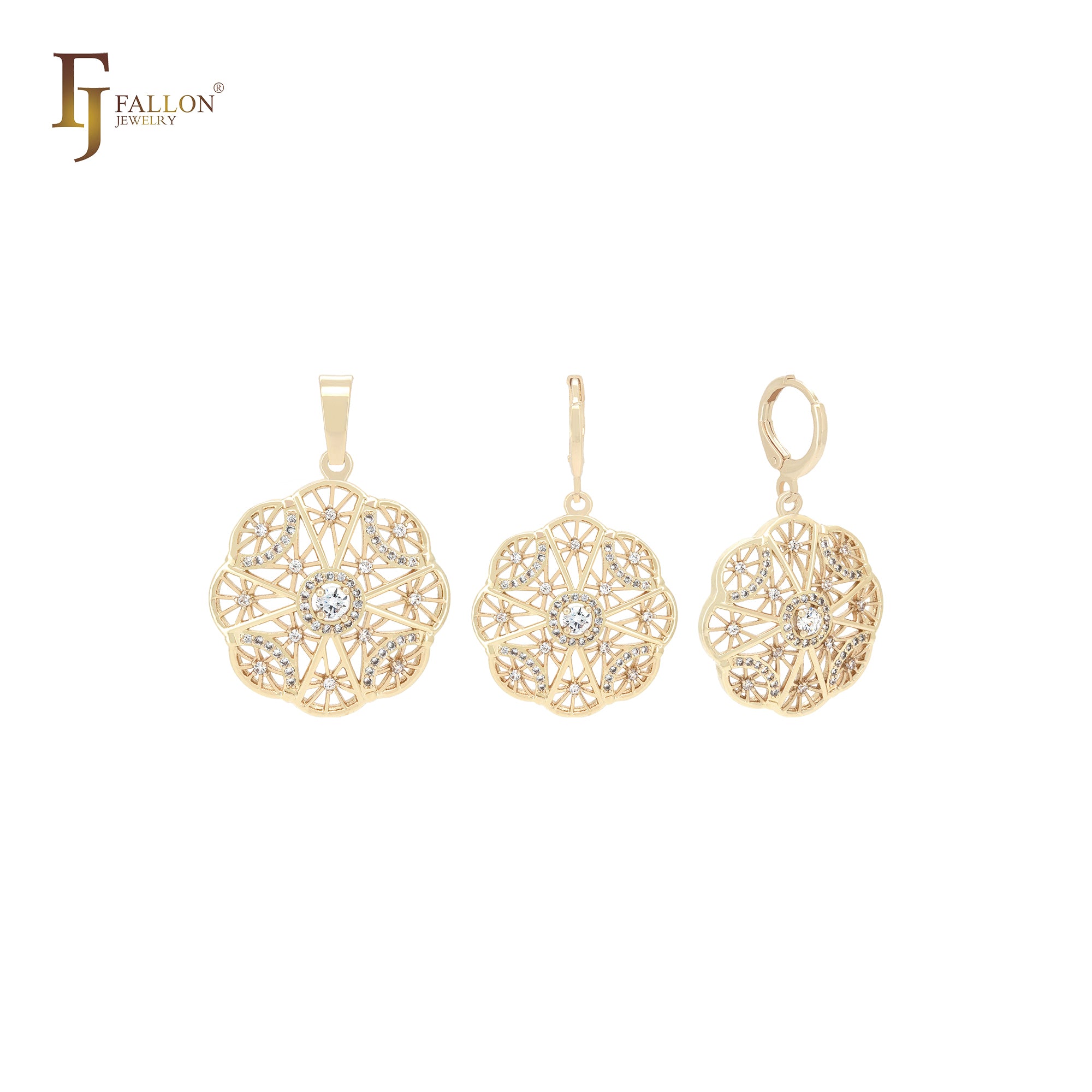 Conjunto de joyas de oro de 14 quilates con colgante y copo de nieve octogonal con racimo de circonitas blancas