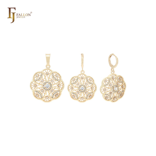 Conjunto de joyas de oro de 14 quilates con colgante y copo de nieve octogonal con racimo de circonitas blancas