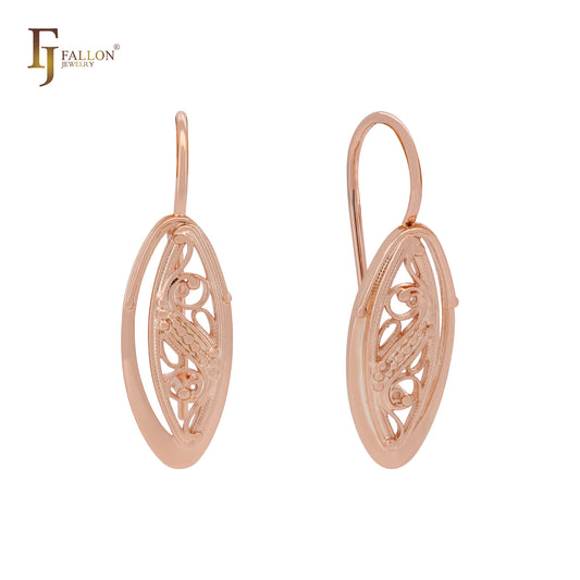 Pendientes de gancho de alambre de oro rosa con filigrana ovalada