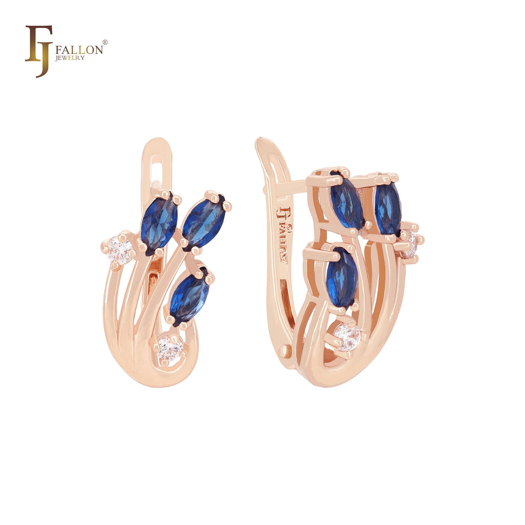 Triple Marquise Deep Blue CZs flower Rose Gold Russian Lock Earrings