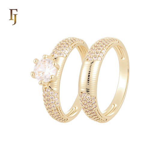 Great Five rows cluster white CZs paved 14K Gold, Rose Gold Wedding Set Rings Engagement and Band