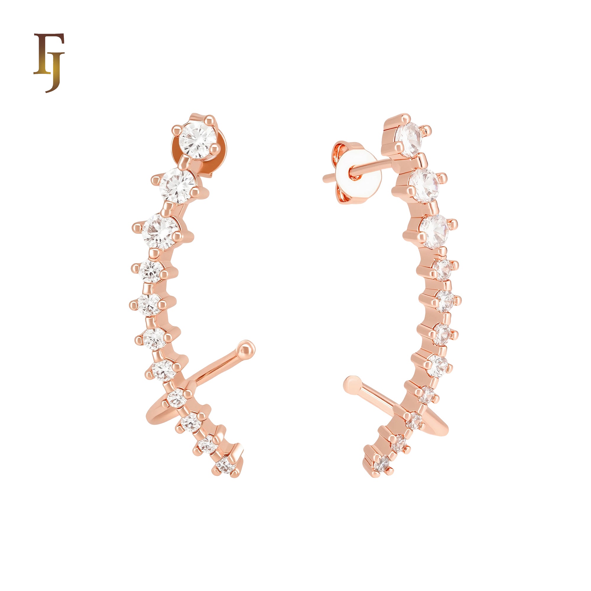 Cluster white CZs paved 14K Gold, Rose Gold Cuff Stud Earrings