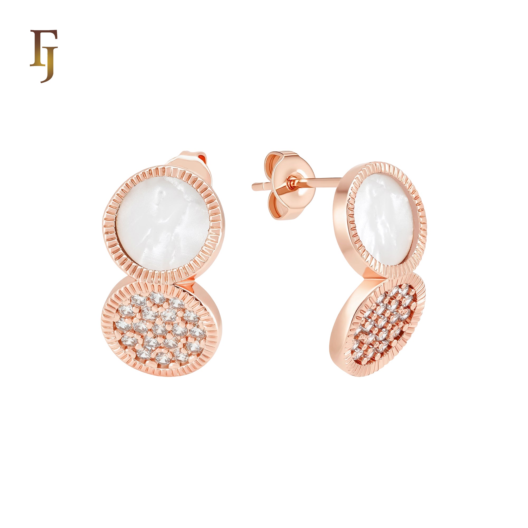 Rounded double disc of white or black onyx and white CZs cluster 14K Gold, Rose Gold Stud Earrings