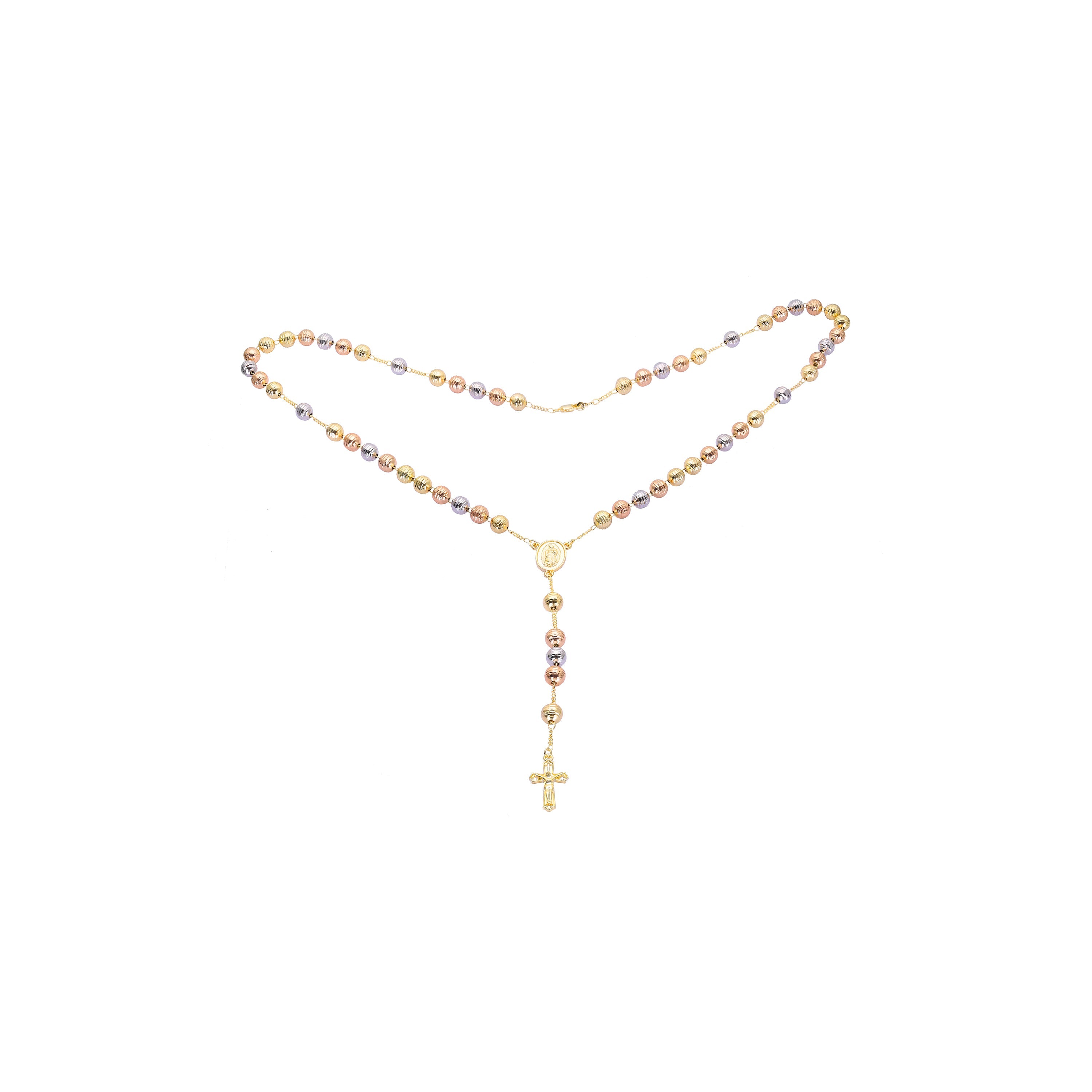 Italian Virgin of Guadalupe Catholic Rosary Necklace (Grooved Beads) plated in 14K Gold two tone