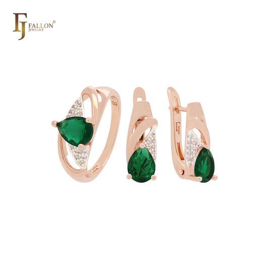 Conjunto de joyas en dos tonos de oro rosa con circonitas cúbicas blancas en forma de pera y anillos.