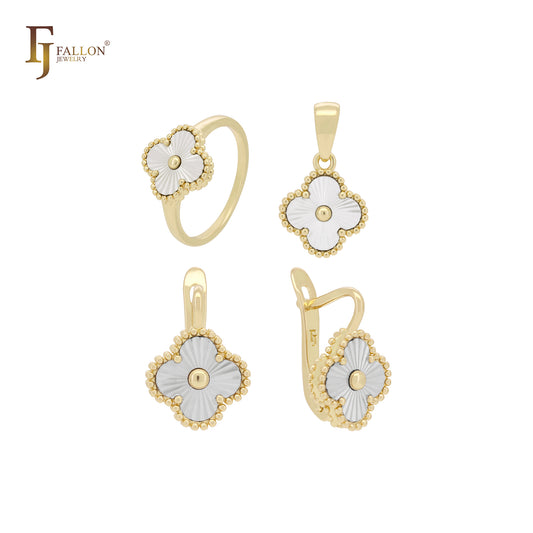 Conjunto de joyas de oro de 14 quilates con trébol de la suerte en capas con colgante y anillos