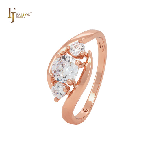 Elegantes anillos de moda en oro rosa con triple circonita blanca y garras
