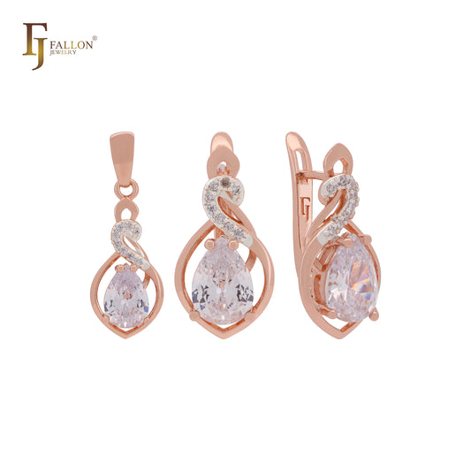 Conjunto de joyas de oro rosa en dos tonos con solitario en forma de pera, circonita cúbica color café y colgante