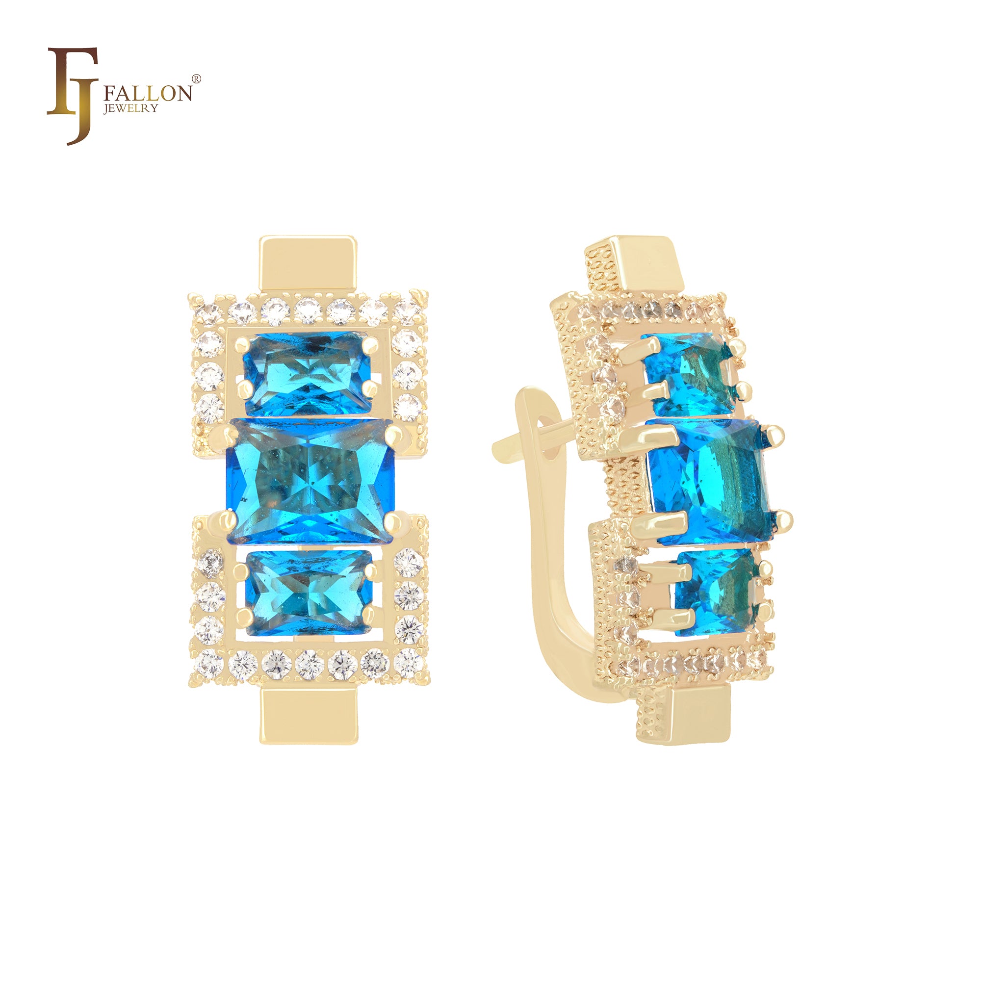 Pendientes de clip de oro rosa de 14 quilates con triple baguette y circonitas cúbicas en azul lago.