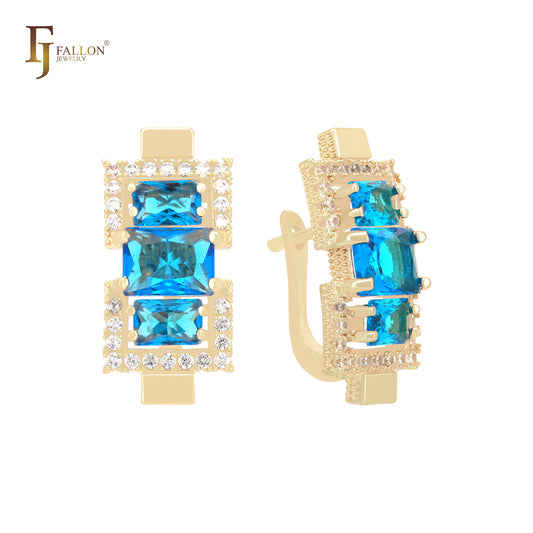 Pendientes de clip de oro rosa de 14 quilates con triple baguette y circonitas cúbicas en azul lago.