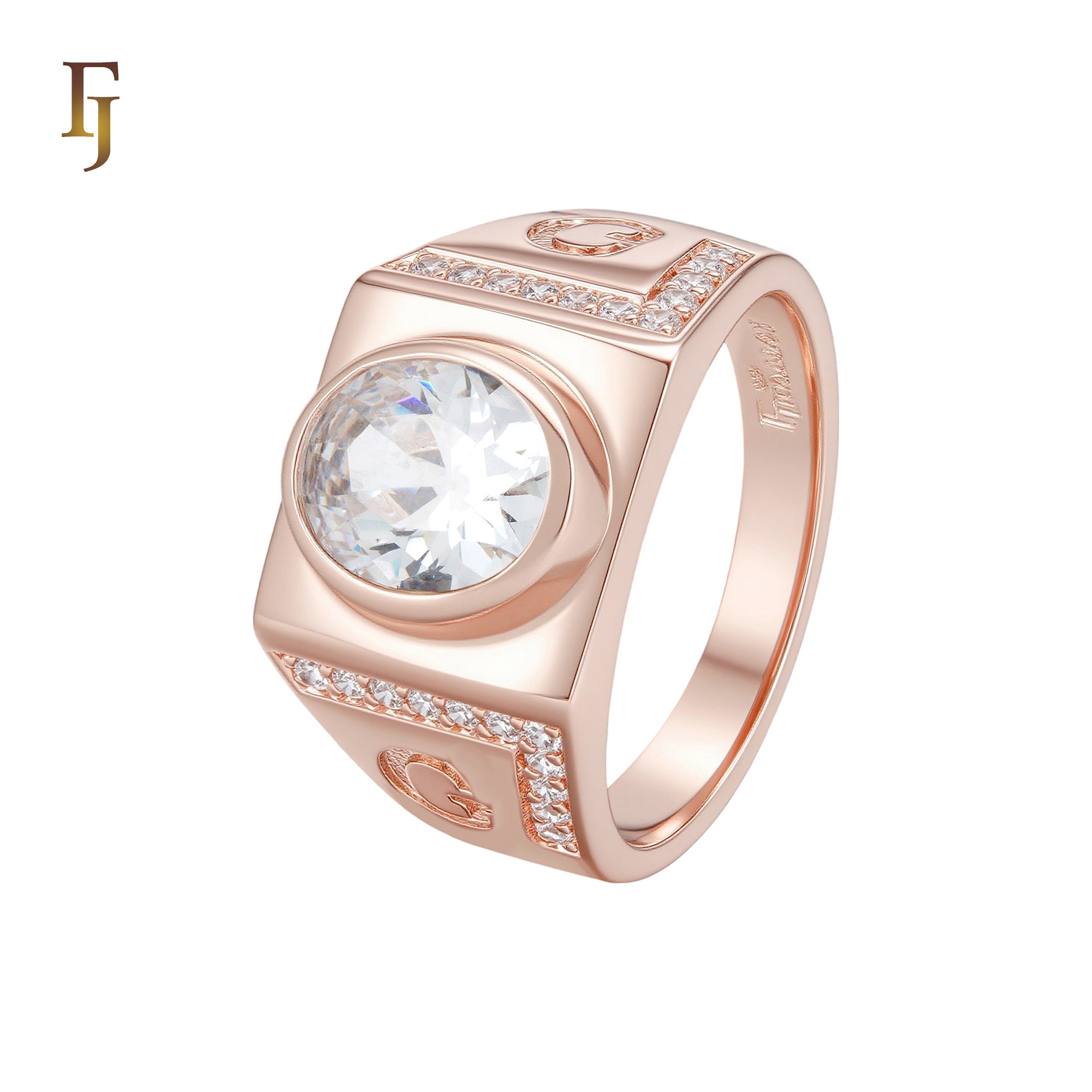 Oval white CZs Solitaire Rose Gold signet Men's Rings