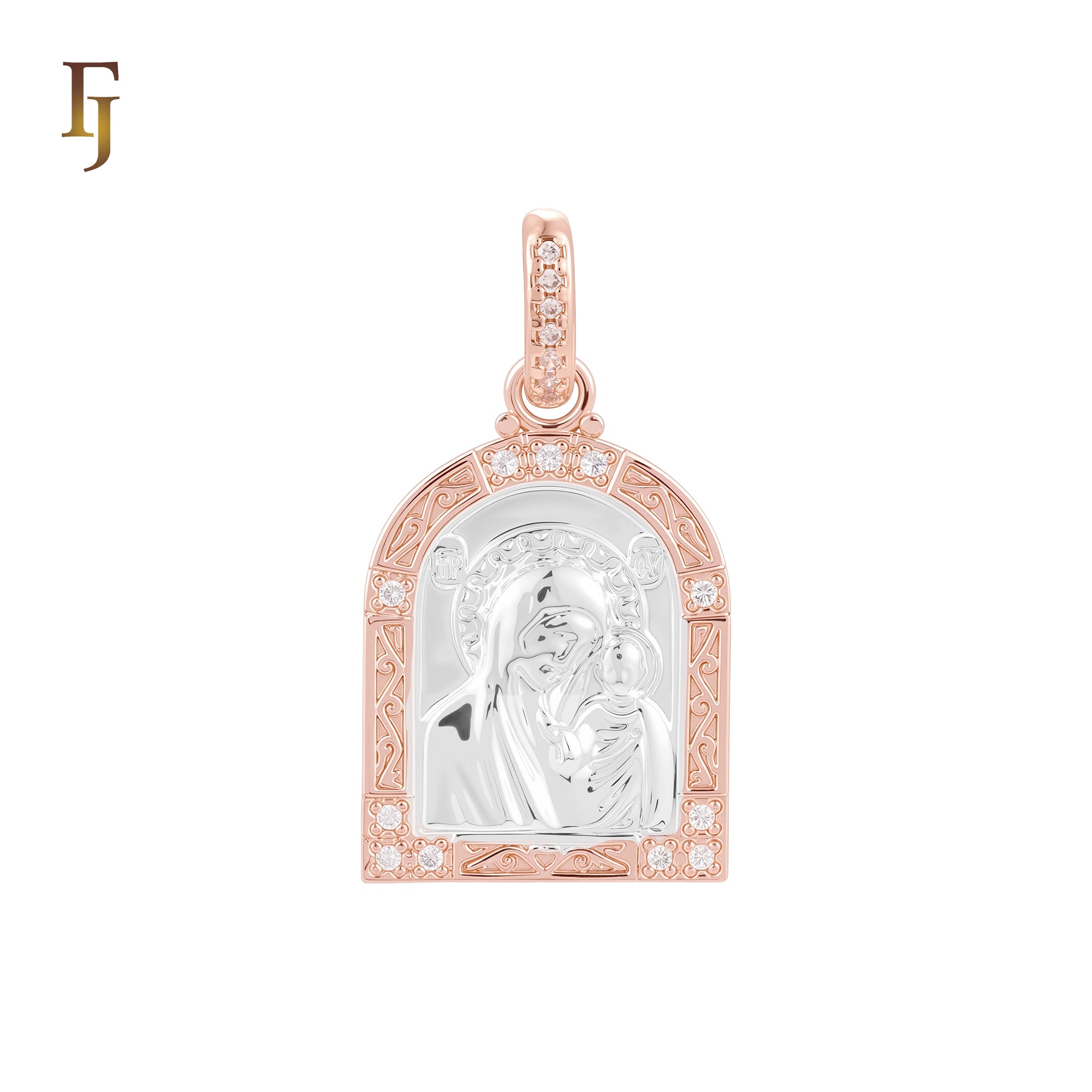Portrait of Russian Religious Orthodox Theotokos of Kazan Virgin Mary Our Lady White CZs Rose Gold two tone Pendant