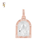 Portrait of Russian Religious Orthodox Theotokos of Kazan Virgin Mary Our Lady White CZs Rose Gold two tone Pendant