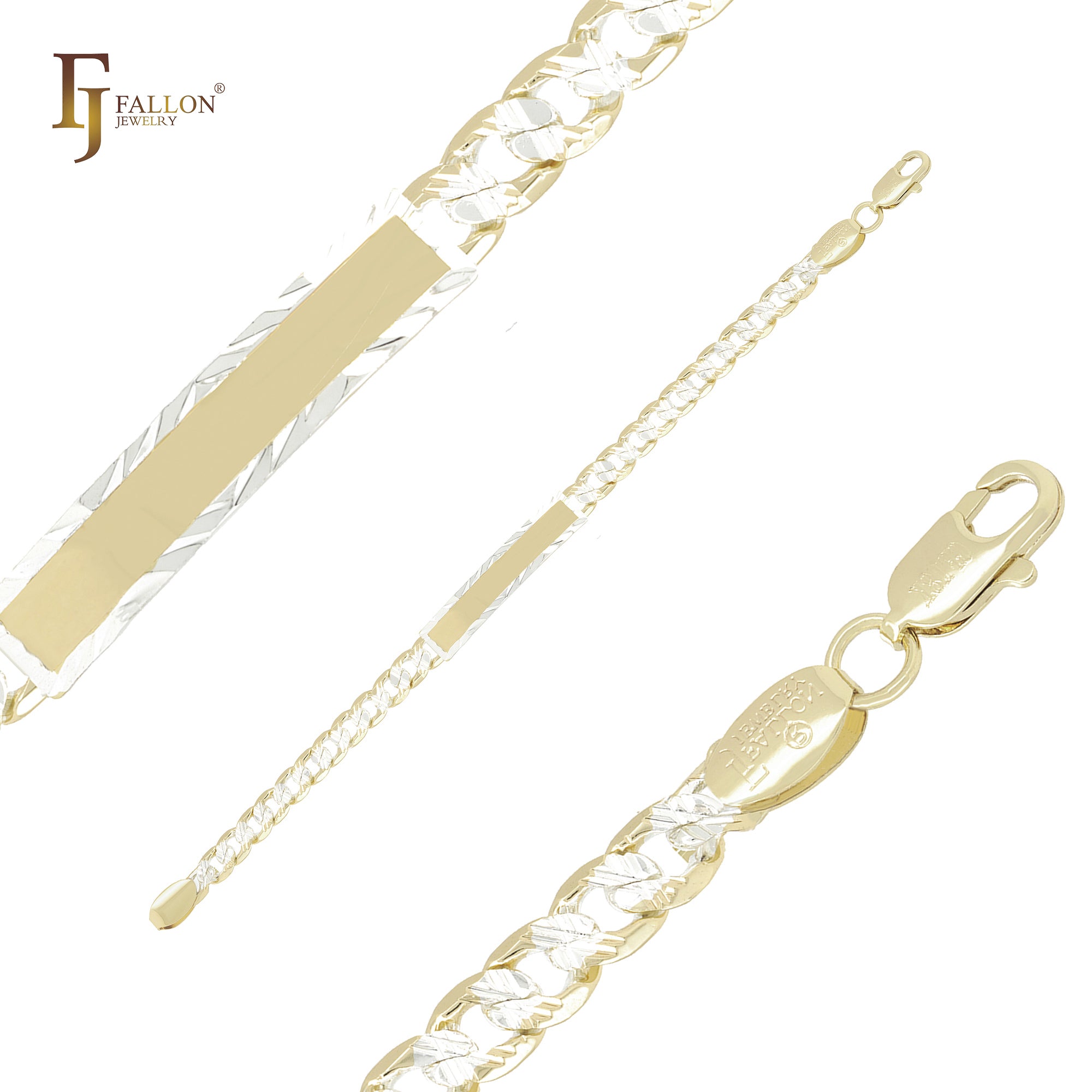 Pulseras de identificación para hombre en oro blanco de 14 quilates, en dos tonos, con marco martillado y eslabones de cadena.
