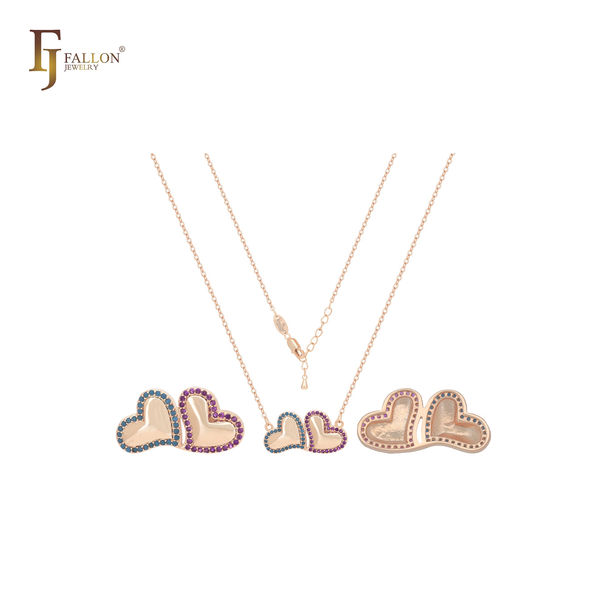 Collar de oro rosa de 14 quilates con doble corazón de circonitas azules y rosas.