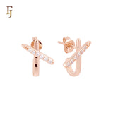 Shape of J crossing white Czs paved 14K Gold, Rose Gold Stud Earrings