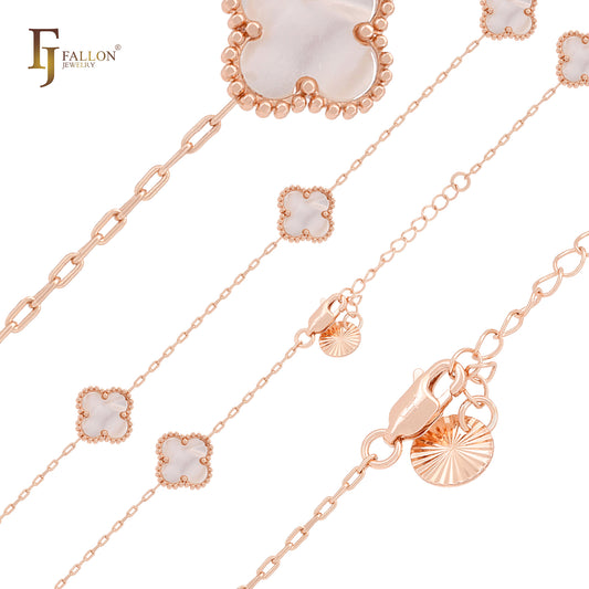 Armbänder oder Ketten in Form von Glückskleeblättern in Roségold mit Büroklammergliedern in reinem Weiß oder Schwarz