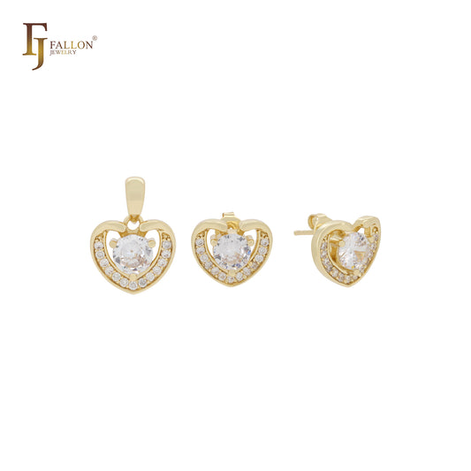 Pequeño conjunto de joyas de oro de 14 quilates con circonitas blancas en forma de corazón, colgante y pendientes tipo botón.