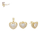 Pequeño conjunto de joyas de oro de 14 quilates con circonitas blancas en forma de corazón, colgante y pendientes tipo botón.