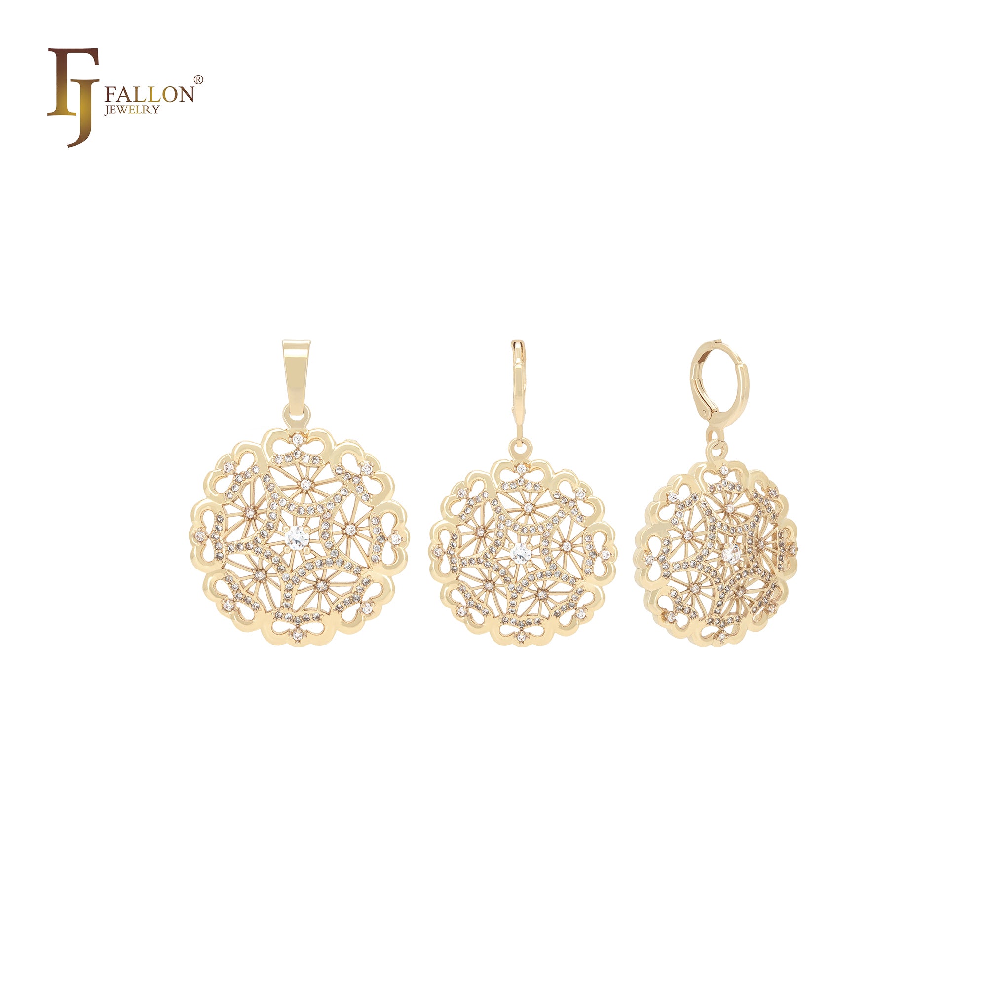 Lujoso conjunto de joyas de oro de 14 quilates con circonitas blancas caleidoscópicas y colgante.