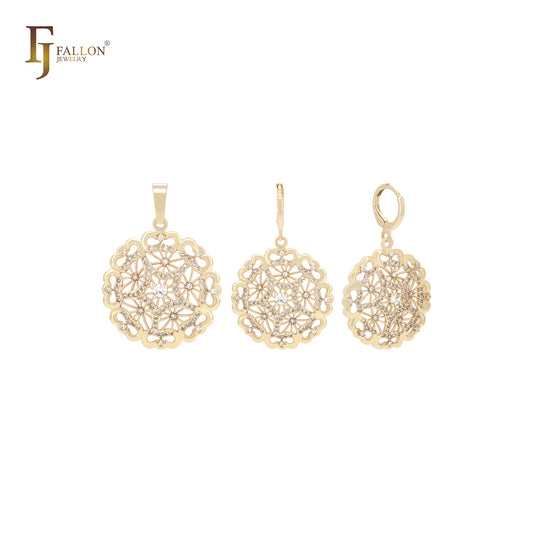 Lujoso conjunto de joyas de oro de 14 quilates con circonitas blancas caleidoscópicas y colgante.