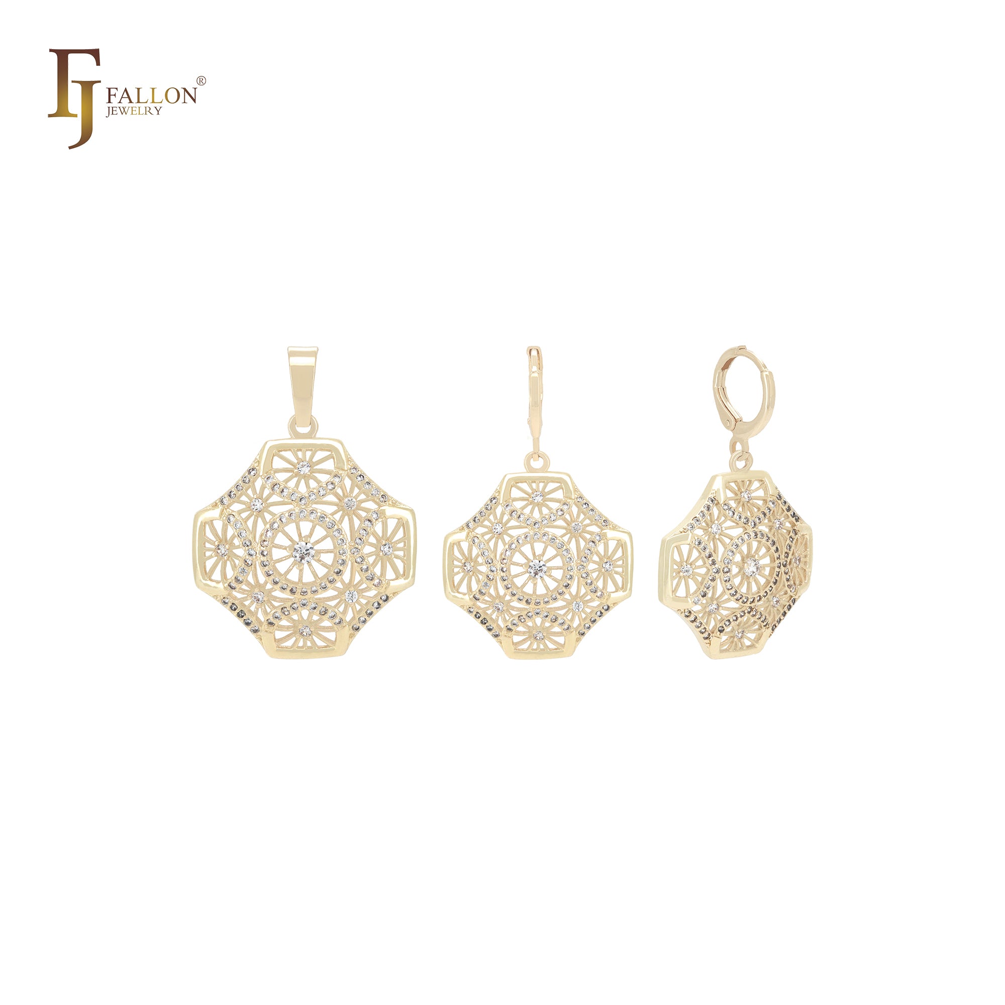 Conjunto de joyas de oro de 14 quilates con circonitas blancas y copos de nieve octogonales y colgante