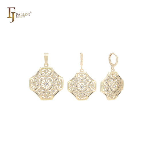 Conjunto de joyas de oro de 14 quilates con circonitas blancas y copos de nieve octogonales y colgante